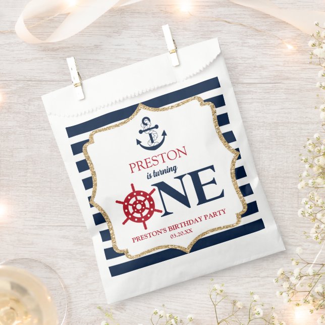 Nautical Navy Blue ONE First 1st Birthday Party Favour Bag (Clipped)