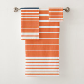 Nautical Navy Blue Orange Stripes Bath Towel Set