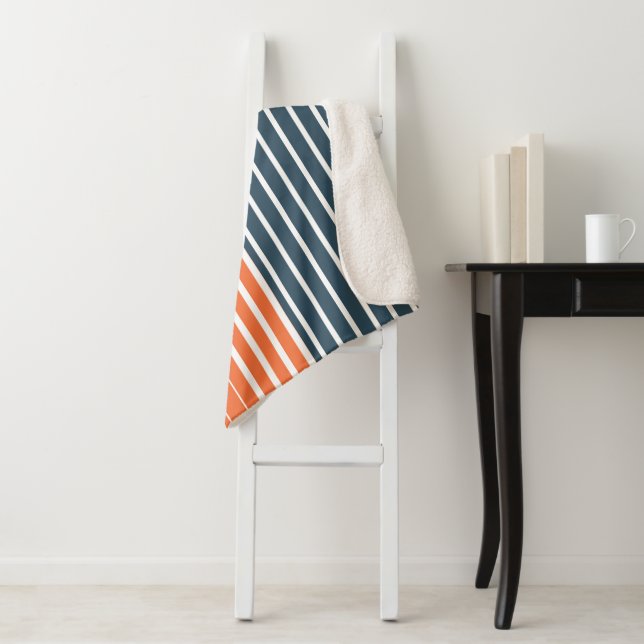 Nautical Navy Blue Orange Stripes Sherpa Blanket (In Situ)