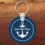 Nautical Navy Blue Personalized Boat Name Anchor Keychain<br><div class="desc">Round nautical keychain design features a simple,  stylish navy blue and white coastal style design with boat anchor accent. Personalize the custom script text with the name of your boat.</div>