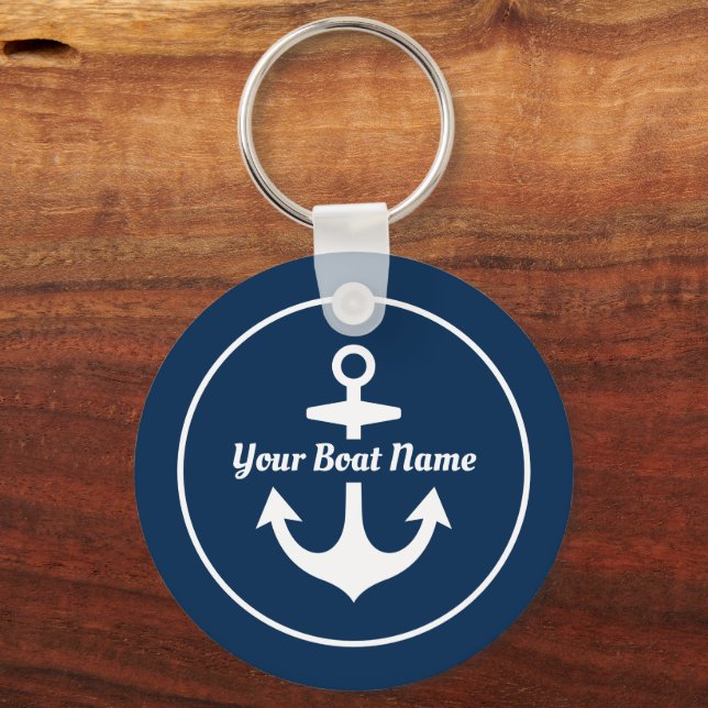 Nautical Navy Blue Personalized Boat Name Anchor Keychain (Front)