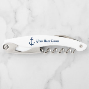 Nautical Navy Blue Personalized Boat Name Corkscrew