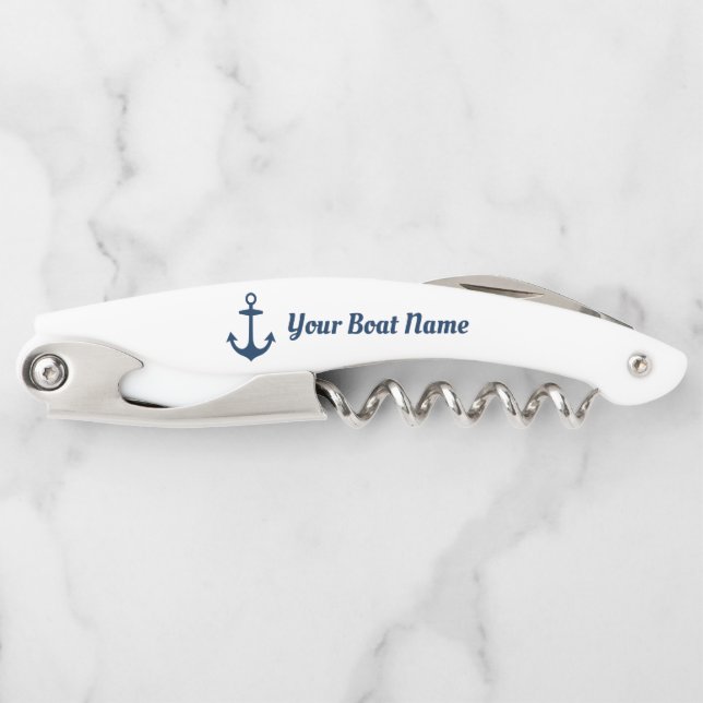 Nautical Navy Blue Personalized Boat Name Corkscrew (Front)