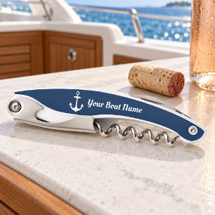 Nautical Navy Blue Personalized Boat Name Corkscrew