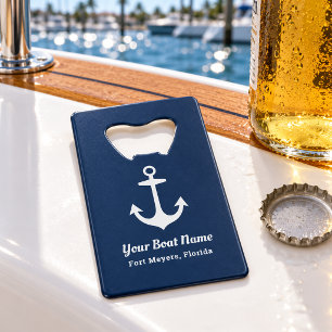 Nautical Navy Blue Personalized Boat Name Credit Card Bottle Opener