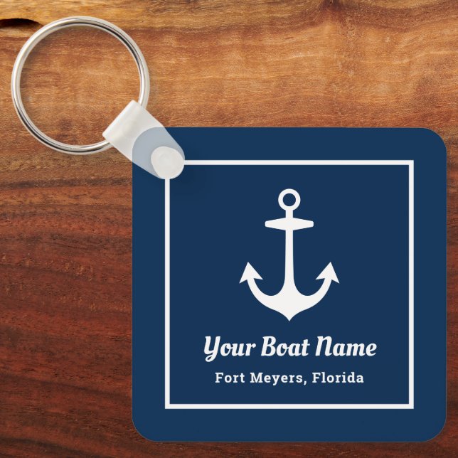 Nautical Navy Blue Personalized Boat Name Keychain (Front)