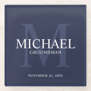 Nautical Navy Blue Personalized Groomsmen Glass Coaster