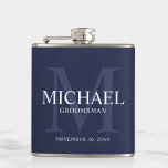 Nautical Navy Blue Personalized Groomsmen Hip Flask<br><div class="desc">Add a personal touch to your wedding with personalized groomsmen flask. This flask features personalized groomsman's name with title and wedding date in white and monogram in light navy blue as background, in classic serif font style, on navy blue background. Also perfect for best man, father of the bride, ring...</div>