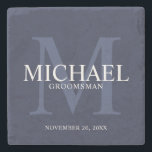 Nautical Navy Blue Personalized Groomsmen Stone Coaster<br><div class="desc">Add a personal touch to your wedding with personalized groomsmen stone coaster. This coaster features personalized groomsman's name with title and wedding date in white and monogram in light navy blue as background, in classic serif font style, on navy blue background. Also perfect for best man, father of the bride,...</div>