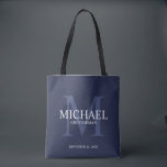 Nautical Navy Blue Personalized Groomsmen Tote Bag<br><div class="desc">Add a personal touch to your wedding with personalized groomsmen tote bag. This bag features personalized groomsman's name with title and wedding date in white and monogram in light navy blue as background, in classic serif font style, on navy blue background. Also perfect for best man, father of the bride,...</div>