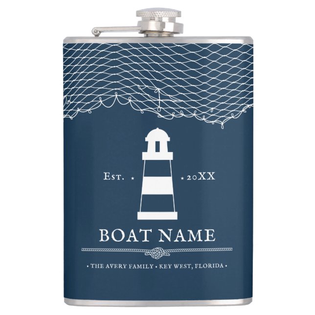 Nautical Navy Blue Personalized lighthouse Boat Hip Flask (Front)
