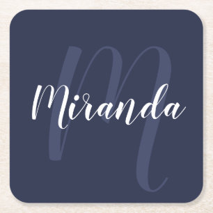 Nautical Navy Blue Personalized Monogram and Name Square Paper Coaster