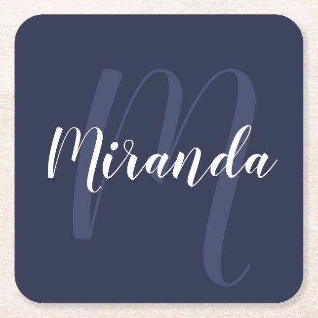 Nautical Navy Blue Personalized Monogram and Name Square Paper Coaster (Front)
