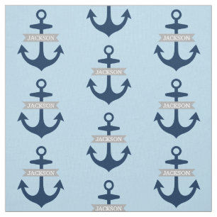 Nautical Navy Blue Personalized Name Boat Anchors Fabric