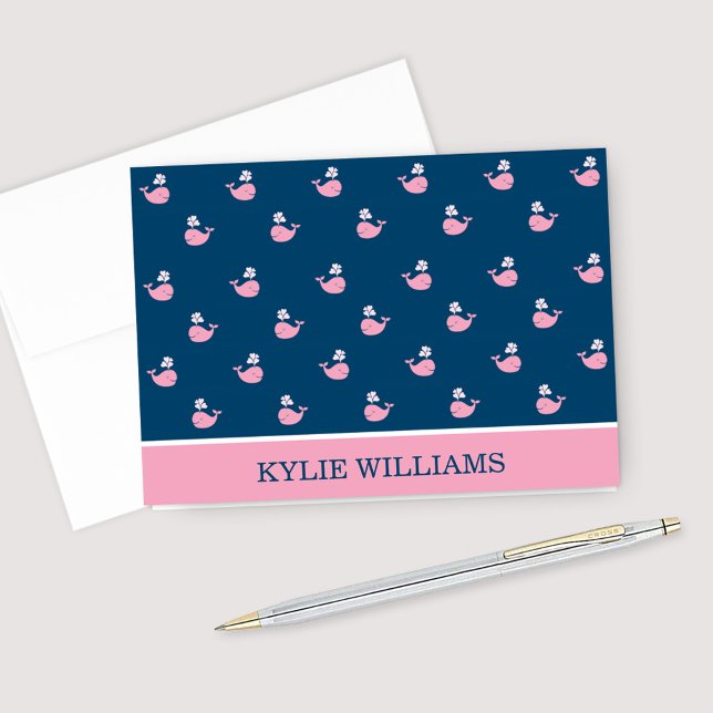 Nautical Navy Blue Pink Whale Pattern Custom Name Note Card (Creator Uploaded)