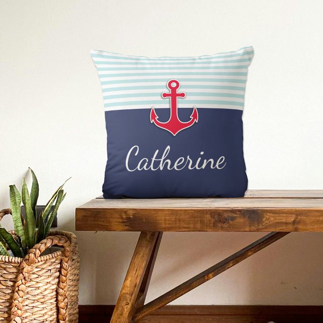 Nautical Navy Blue Red Anchor Custom Design Throw Pillow (Creator Uploaded)