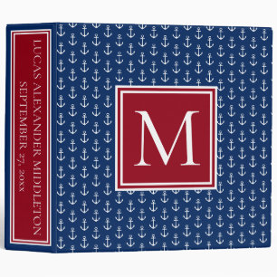 Nautical Navy Blue Red and White Anchor Monogram Binder