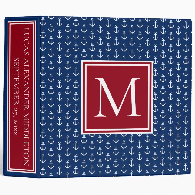 Nautical Navy Blue Red and White Anchor Monogram Binder (Front/Spine)