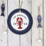 Nautical Navy Blue Red Lobster Family Custom Ceramic Ornament<br><div class="desc">For the Christmas tree this fun nautical designed ornament includes everything maritime for a great gift. The navy blue and white design includes a red lobster and custom name and date fields for you to customize. Great for family beach house holiday decor or for those looking for ocean vacation souvenirs....</div>