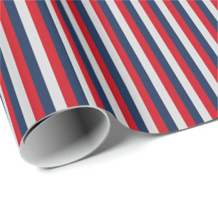 Nautical Navy Blue, Red, Silver Vertical Stripe Wrapping Paper