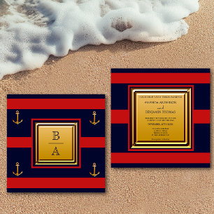 Nautical Navy Blue Red Stripes Anchor Wedding Invi Invitation