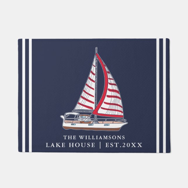 Nautical Navy Blue Red White Sail Boat Lake House  Doormat (Front)