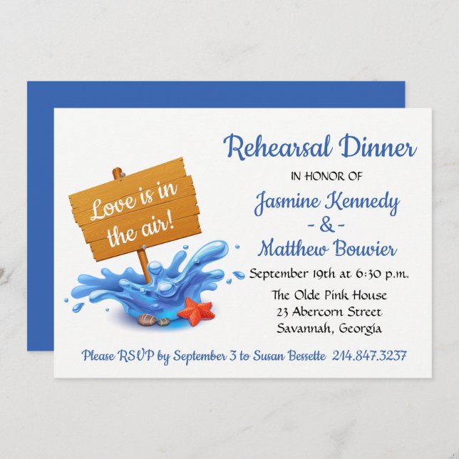 Nautical Navy Blue Rehearsal Dinner Beach Wedding Invitation (Front/Back)