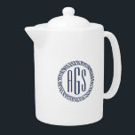 Nautical Navy Blue Rope Monogram<br><div class="desc">Nautical style monogrammed teapot features your three initial monogram in classic navy blue set inside a nautical rope circle badge. Perfect for beach houses, blue kitchens or boat lovers.</div>