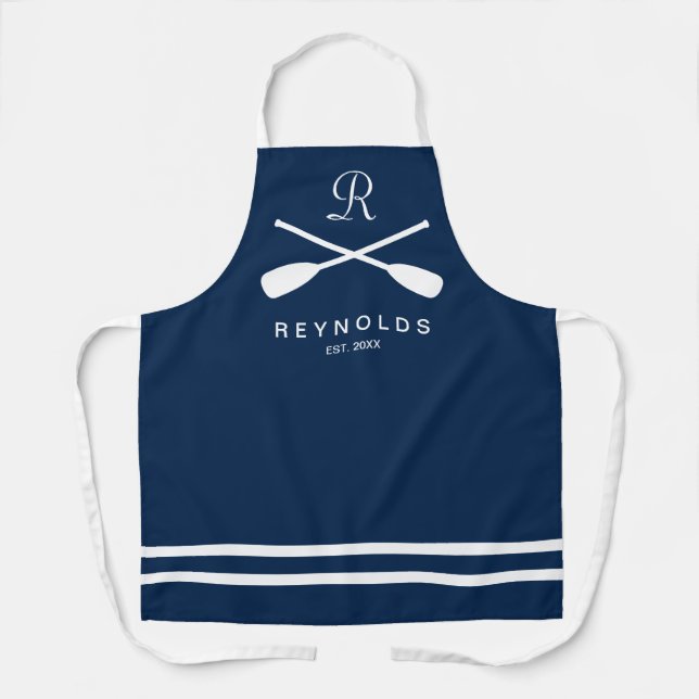Nautical navy blue rowing oars family name BBQ Apron (Front)
