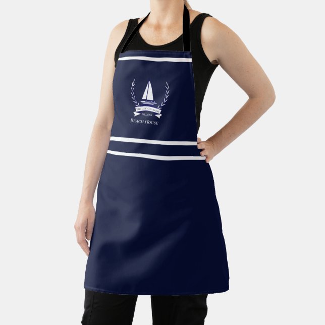 Nautical Navy Blue Sailboat Coastal Monogrammed   Apron (Insitu)