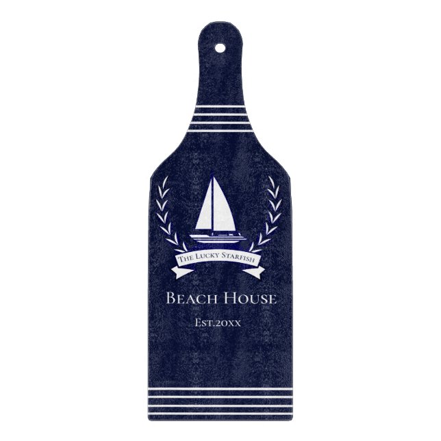Nautical Navy Blue Sailboat Coastal Monogrammed   Cutting Board (Front)