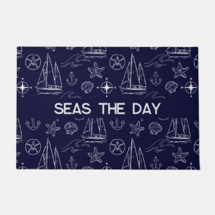 Nautical Navy Blue Sailboat Pattern Doormat
