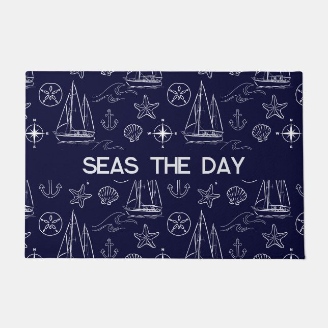 Nautical Navy Blue Sailboat Pattern Doormat (Front)