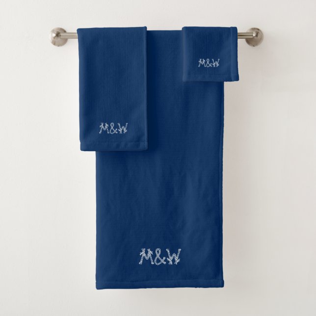Nautical navy blue sailing rope custom monogram bath towel set (Insitu)