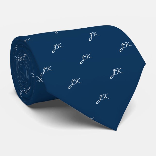 Nautical Navy Blue Script Pattern Monogram Tie (Rolled)