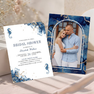Nautical Navy Blue Seahorse Photo Bridal Shower Invitation