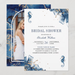 Nautical Navy Blue Seahorse Photo Bridal Shower Invitation