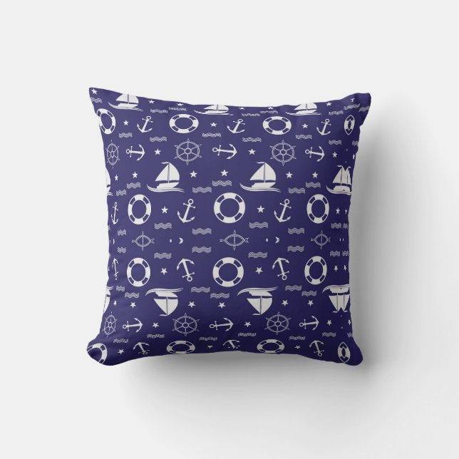 Nautical Navy Blue Seamless Patterns Background Throw Pillow (Front)