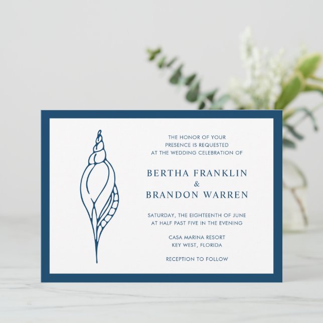 Nautical Navy Blue Seashell Beach Elegant Wedding Invitation (Standing Front)
