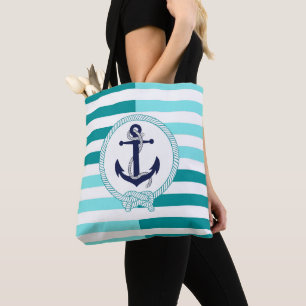 Nautical navy blue ship anchor, aqua blue stripe tote bag