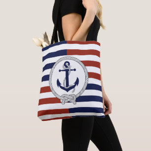 Nautical navy blue ship anchor, navy, red stripe tote bag
