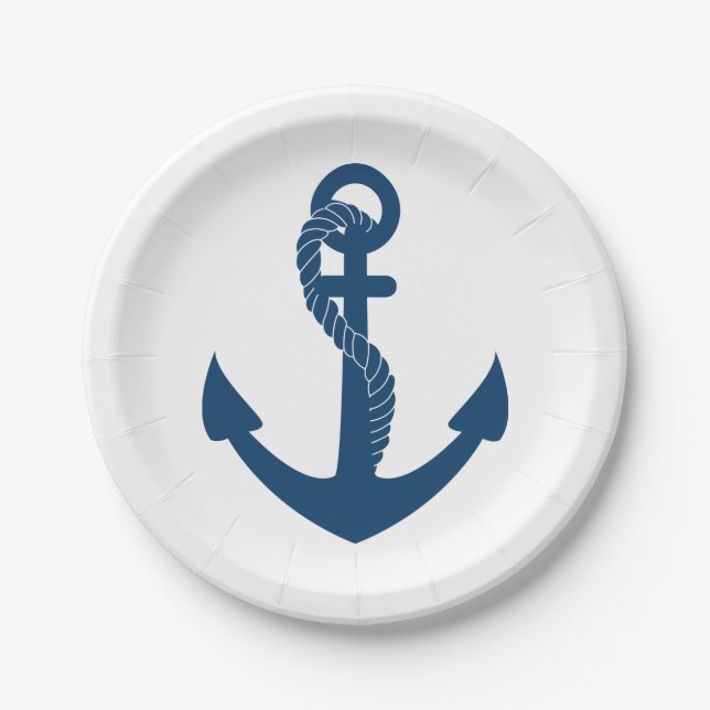 Nautical Navy Blue Ship Anchor Wedding Beach Paper Plate (Front)