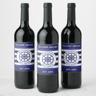 Nautical Navy Blue Ship Wheel Boat House Sailing Wine Label