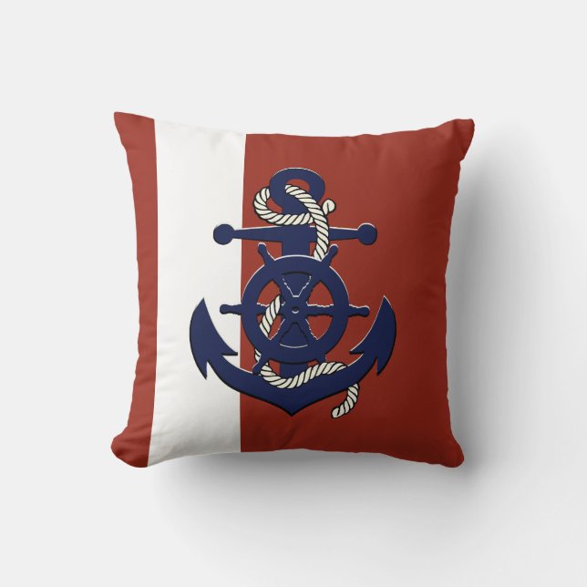 Nautical navy blue ship's wheel/anchor red throw pillow (Front)