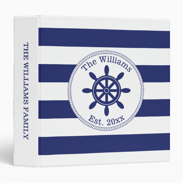 Nautical Navy Blue Ship's Wheel Family Name Binder (Front/Spine)