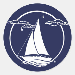 Nautical navy blue silhouette anchor/sailboat classic round sticker