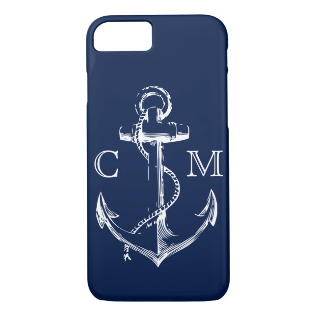 Nautical Navy Blue Sketch Anchor Monogrammed | Case-Mate iPhone Case (Back)