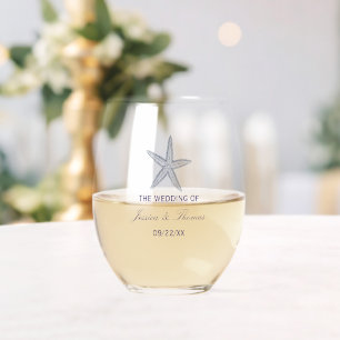 Nautical Navy Blue Starfish Beach Wedding Stemless Wine Glass