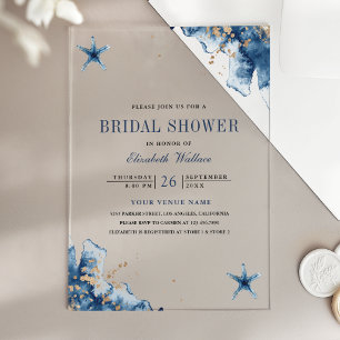 Nautical Navy Blue Starfish Bridal Shower Acrylic Invitations