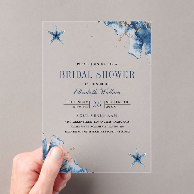 Nautical Navy Blue Starfish Bridal Shower Acrylic Invitations (Insitu (Handheld))